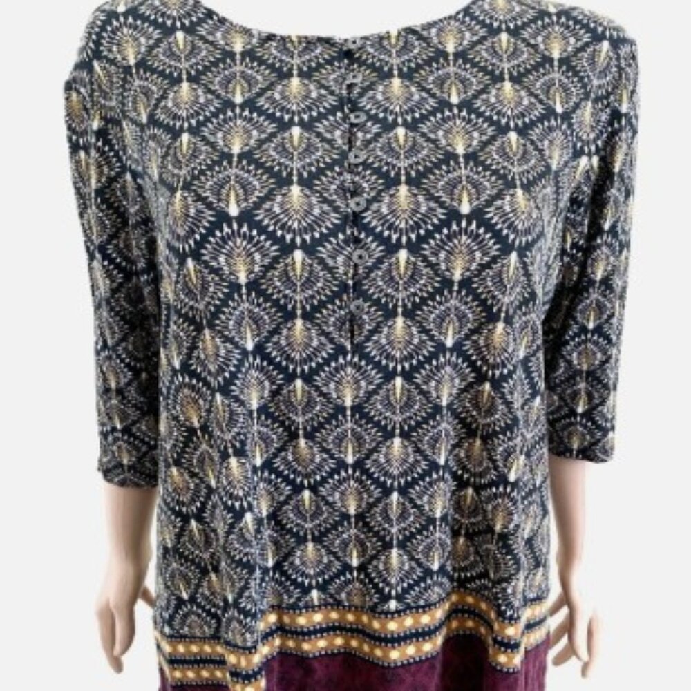 J JILL Border Print Brown Tan Burgundy Henley Tunic 3/4 Sleeve Top Plus 1X